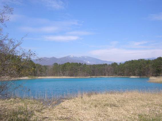 五色沼の青い水と吾妻山写真