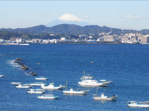 青く見える横須賀港と富士山写真