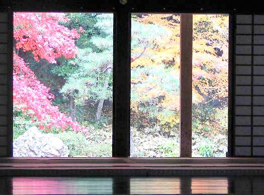 南禅院の床に映る紅葉・床モミジ写真