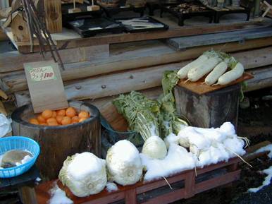 路地の売店の野菜にも淡雪が写真